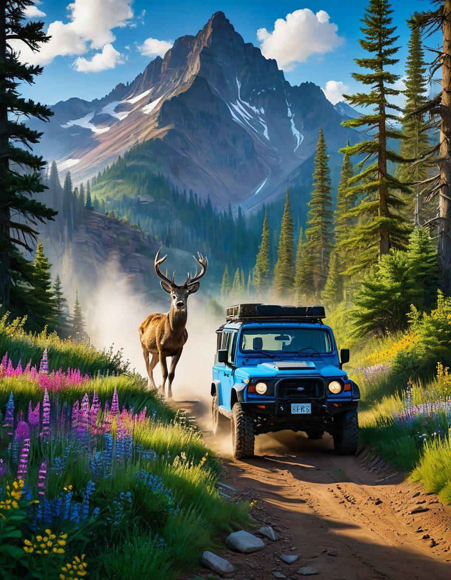 A breathtaking view of an adventurous off-road vehicle navigating through lush, rugged backcountry trails. Surrounding the vehicle are vibrant green trees, colorful wildflowers, and distant mountains under a clear blue sky. A sense of excitement and freedom fills the air, with dust clouds trailing behind the tires. Include a few playful animals like deer or rabbits peeking through the foliage. super-realistic. vibrant colors. dramatic lighting.