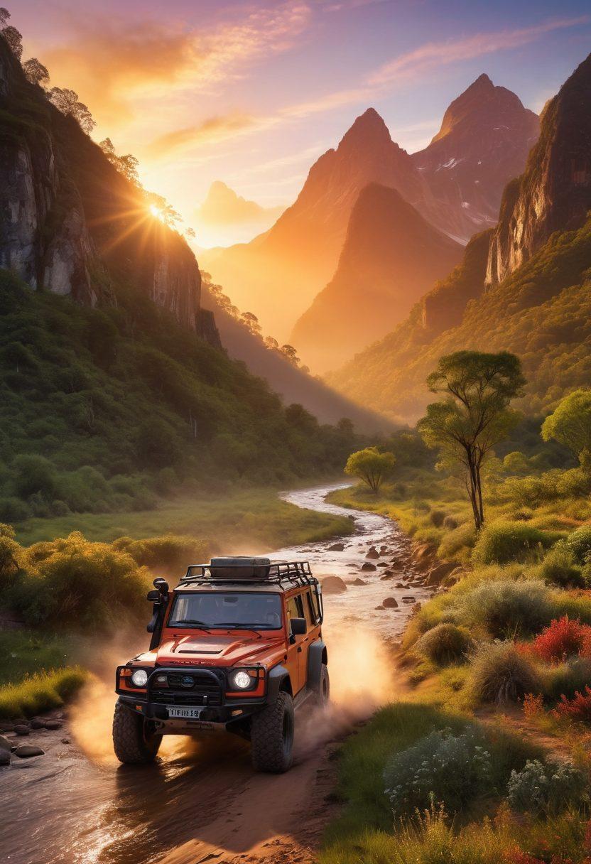 A dynamic scene showcasing a rugged off-road vehicle navigating through a diverse, breathtaking landscape of mountains, forests, and rivers at sunset. Highlight expressions of joy and adventure on the faces of the passengers as they embrace the thrill of the journey. Include vivid colors and dramatic lighting, emphasizing a sense of freedom and exploration. Illustrate dust trails behind the vehicle, symbolizing the spirit of adventure. super-realistic. vibrant colors.