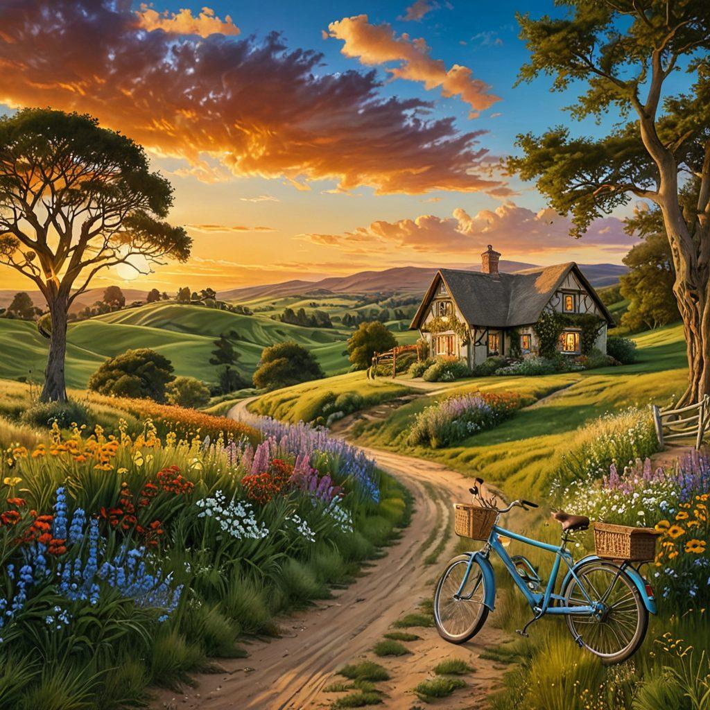 A serene rural landscape featuring rolling hills, vibrant wildflowers, and a winding dirt path leading toward a quaint cottage. A clear blue sky with fluffy clouds above, alongside a picturesque sunset casting warm golden hues over the scene. Include a couple of people enjoying a picnic on the grass and a bicycle leaning against a tree. The atmosphere should evoke tranquility and adventure. super-realistic. vibrant colors. 3D.
